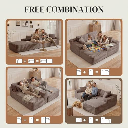 Image of 95 inch L Shaped Cloud Boneless Sectional Couches for Living Room, Modern Comfy Modular Deep Seat Memory Foam Compressed Corduroy Sofa Oversized Right Facing Chaise, No Assembly Required, Brown