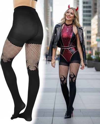 Image of ToBeInStyle Women's Flame Burning Fire Tights w /Devil-Inspired Print Hosiery