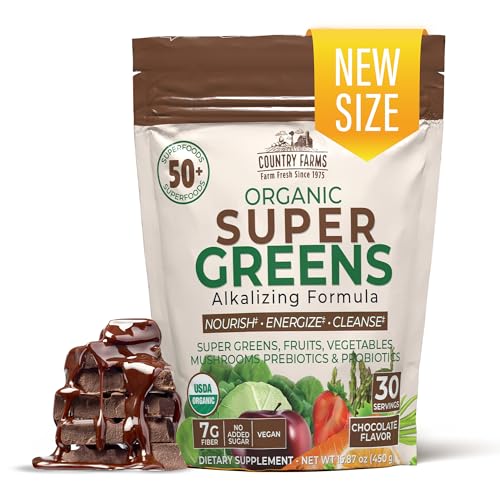 Country Farms Super Greens Chocolate Flavor 50 Organic Super Foods USDA Organic Drink Mix (Wheat Grass Spirulina Chlorella) Mushrooms & Probiotics with Fiber Natural Energy 30 Servings