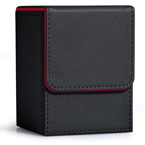 Image of ZLCA Card Deck Box for Trading Cards, MTG YuGiOh Deck Case Holds 100+ Single Sleeved Cards, PU Leather Magnetic Card Storage Box Fits for TCG CCG Magic Game Cards (Black& Red)