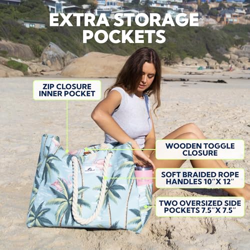 Image of SUN NINJA Canvas Beach Tote Bag with 3 Pockets and a Wooden Closure Toggle