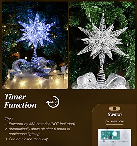 Shinowa Christmas Tree Topper, 60 Led Lights Metal Star Topper For Christmas Tree Battery Operated Moravian Star 3D Star Treetop Christmas Tree Decoration With 6H Timer, 13.78 Inch/35Cm, Silver #TOP4