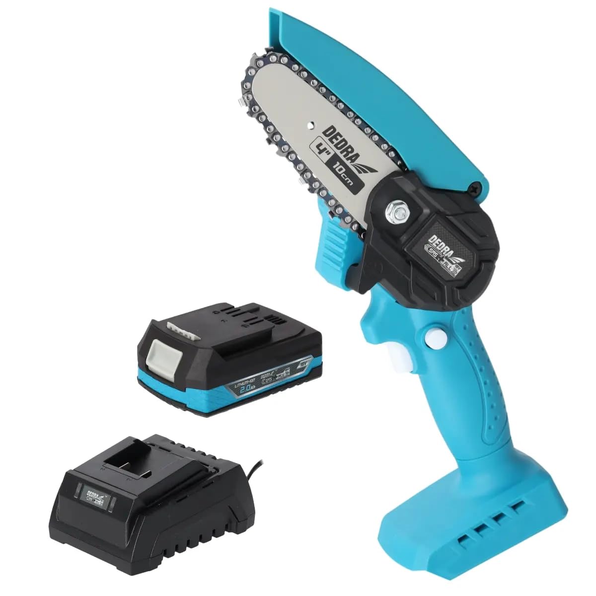 DEDRA Kit de jardin dans un coffret : mini tronçonneuse, batterie 2 Ah et mallette de chargeur, construction ultra légère, dimensions compactes, design ergonomique, fonctionnement sur batterie
