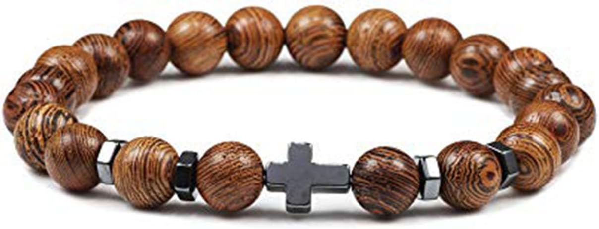 Natural Lava Stone Bead Obsidian Bracelets Cross Rosary Meditation Prayer Jesus Turquoise Bracelet Women Yoga Jewelry,Wooden Beads,Adjustable