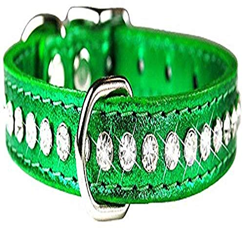Image of Signature Leather Crystal Dog Collar, Metallic Emerald Green Solid Grain Leather, Fits 9.5 inch-11.5 inch Neck Size, 14 inch Overall Length