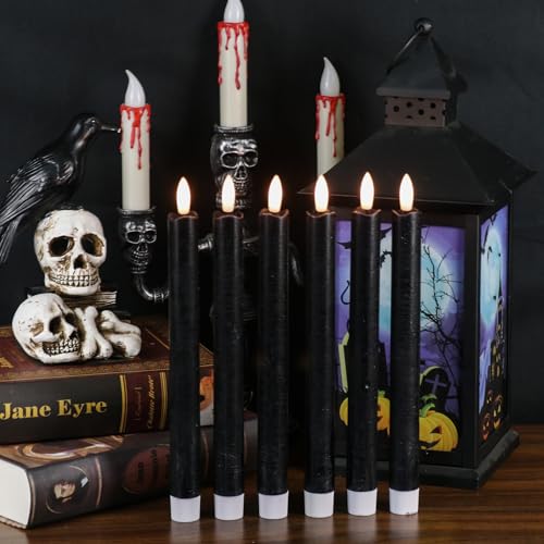 Image of Halloween Black Flameless Taper Candles with Timer, Battery Operated Black LED Taper Candles Flickering Black Candlesticks Real Wax Fake Candles for Halloween Decor(6 Pack), 02020038