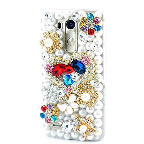 STENES Bling Phone Case Compatible with LG Escape 2 / Spirit 4G LTE Case - Luxurious Crystal 3D Handmade Sparkle Diamond Rhinestone Clear Cover - Rainbow Heart Flowers/White