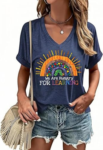 Women's We are Hungry for Learning V Neck Shirt Back to School Funny Rainbow Graphic Short Sleeve Summer Tee(L,03BBlue)