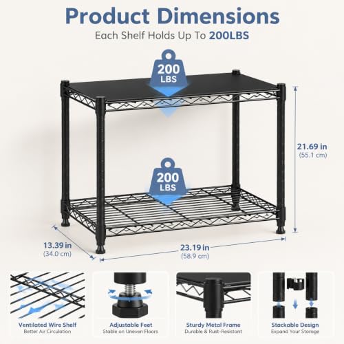Image of Simple Deluxe 2 Tier Wire Shelving Unit, Heavy Duty Metal Storage Rack with Adjustable Feet, Stackable Tool-Free Utility Shelf for Kitchen, Laundry Room, Garage, Office, Black