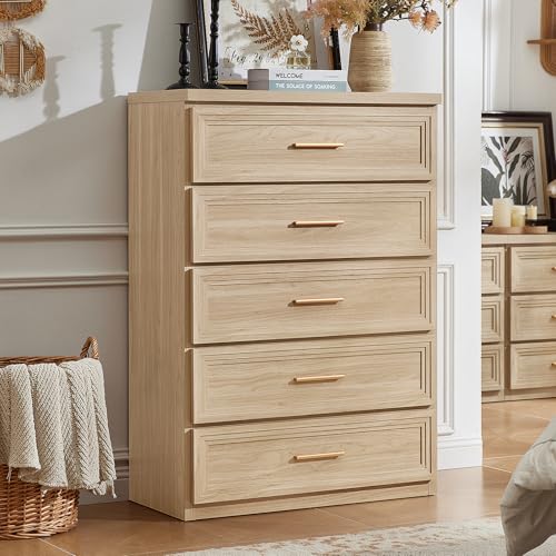 RWYHG Dresser for Bedroom with 5 Drawers 45' Tall Wood Closet Organizer with Metal Handle Furniture for Living Room Hallway Natural