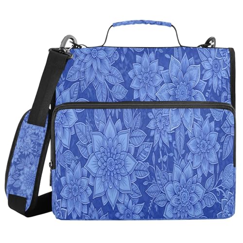Carpeta de 3 anillas de flores azules organizador con correa bandolera y múltiples bolsillos