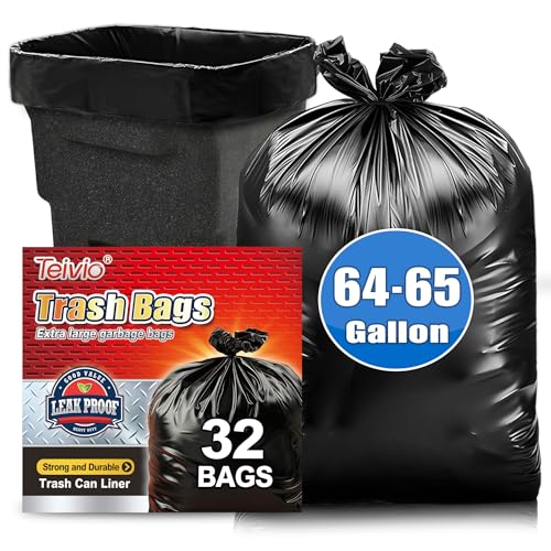 Image of Teivio Black Large Trash Bags 64-65 Gallon 32 Count | Large Multipurpose | Fit 60,62,63,64,65 gallon Garbage Bin Liner | Kitchen | Lawn And Leaf Bags Outdoor Yard Waste Bag | Workshops Trash