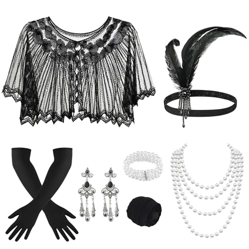 ELECLAND 10 Pieces 1920s Flapper Gatsby Accessories Set Fashion Roaring 20's Theme Set with Headband Headpiece for Women (Black)
