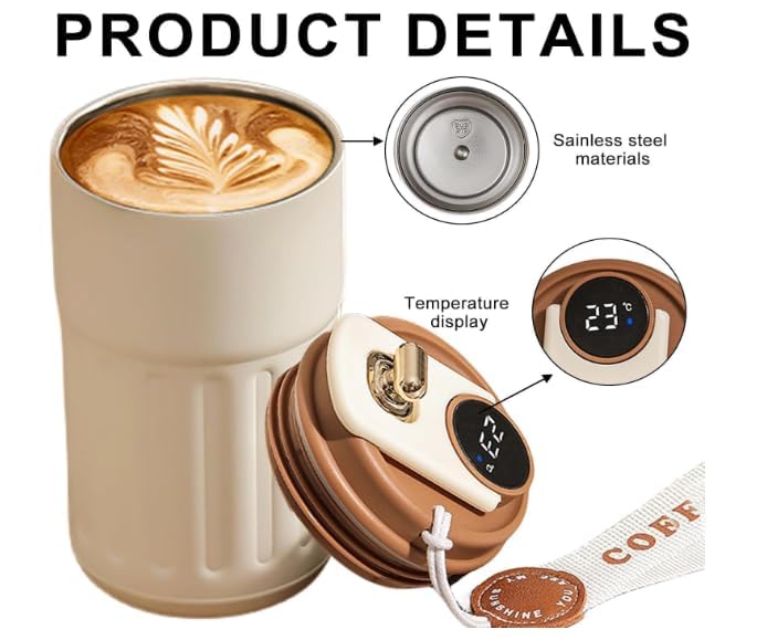 Image of Coffee Tumbler with Digital Temperature Display, 460 ml, 316 Stainless Steel, Vacuum Insulated, Leak-Proof Lid, Travel Mug, White Brown