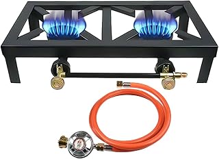 Hornillo a Gas de Fundición con 2 Fuegos,Hornillo Camping de Gas Portátil Acampada Plegable 6KW Compatible con Gas Butano y Gas Propano con 125cm Manguera y 50 mbr Regulador