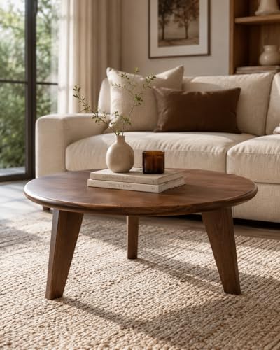 Maxax Solid Wood Round Coffee Table, Mid-Century Modern Low Profile Center Table for Living Room, Minimalist Circle Wood Accent Table for Small Spaces, 31.4 Inch