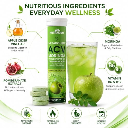 Image of Nutrasium ACV Moringa Metabolism Plus | Apple Cider Vinegar Effervescent Tablet | For Supports Weight Loss, Control Cravings, Convert Fat Into Energy, Boost Energy & Immunity | 30 Tablets Green apple