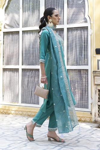 Image of VredeVogel Women's Silk Blend Embroidered Kurta with Pant & Organza Dupatta Set