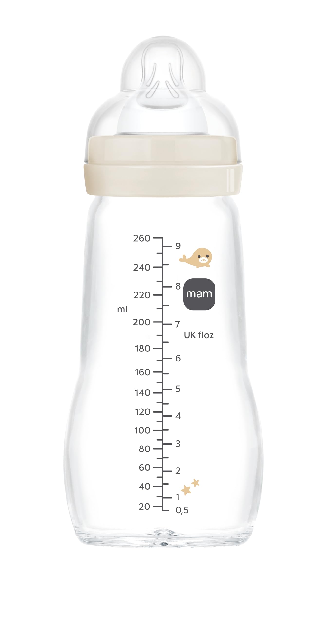 MAM Glasflasche, 2-4 Monate, 260 ml, mit Sauger 2 mit mittlerem Durchfluss aus Silikon, leicht zu reinigen, Feel Good, neutral, 1 Stück