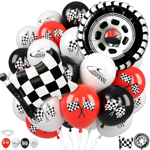 Race Car Balloons with Checkered Flag and Tire Balloons Red Black White Latex Balloons for Men Boy First Birthday Racing Theme Party Decorations Baby Shower Backdrop Supplies
