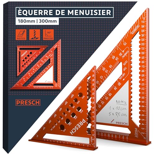 Presch Équerre de menuisier Set - 180mm & 300mm - Surface innovante effaçable - Guide de perçage intelligent - Aluminium fraisé de haute précision pour...