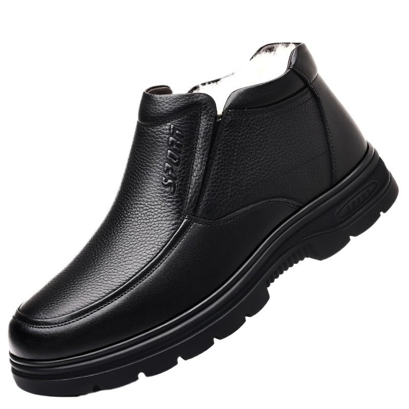 Men's Plus Velvet Casual Leather Shoes Slip-on Winter Warm Cotton Shoes Comfortable Breathable Rubber Soft Sole Lightweight Round Shoes for Men
