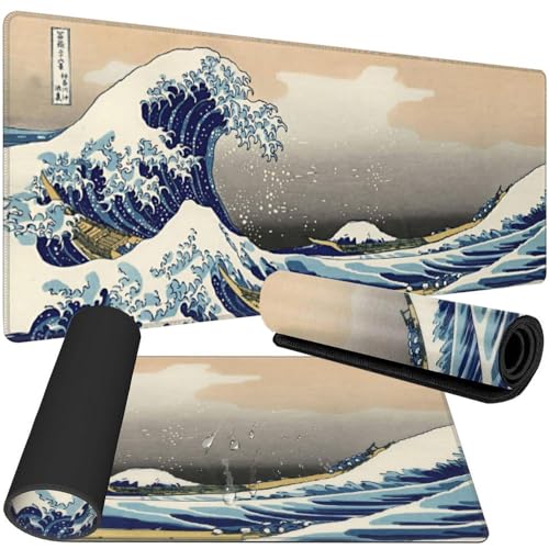 Tech Stor3 Tapis de souris Japanese Art La Grande Vague de Kanagawa XXL Gaming Mouse Pad 90 x 40 cm avec base antidérapante, ajustée et lisse, adaptée à chaque souris, clavier et ordinateur portable