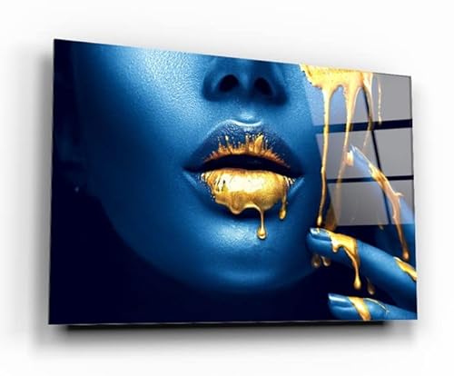 Blue Lips Woman Tempered Glass Wall Art Perfect Modern Decor Fabulous New Year Gift Glass Uv Printing Durable Product (27X43 Inches (70X110 Cm)) #TOP1
