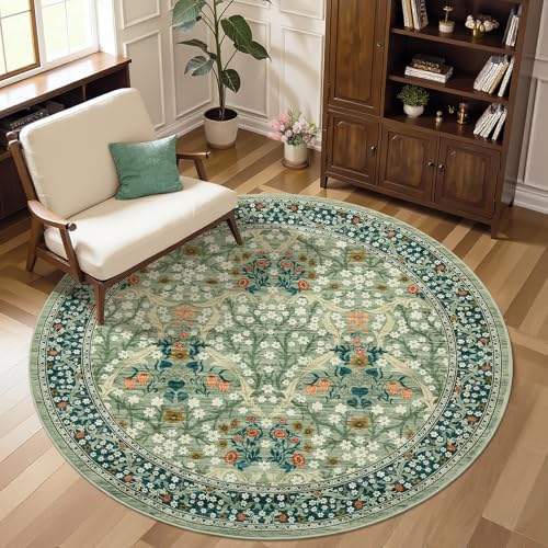 GarveeHome Sage Green Floral 6 ft Round Rug Washable Non-Slip Soft Low Pile Circle Carpet Vintage Rugs for Kitchen Bedroom Nursery Dining Living Room