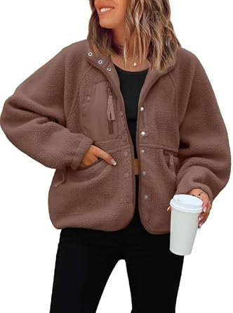 Womens Winter Fleece Jacket Fuzzy Lapel Button Sherpa Coats with Pockets