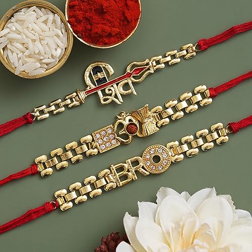 Image of eCraftIndia Set of 3 Lord Shiva, Om, Bro Designer Religious Rakhis for Brothers with Chocolate, Zuzy Almond Choco Box, Roli Chawal Pack, Raksha Bandhan Greeting Card