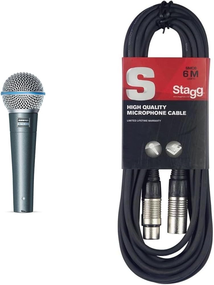 Shure BETA 58A Supercardioid Dynamic Vocal Microphone,Silver & Stagg SMC6 6 metre standard microphone cable