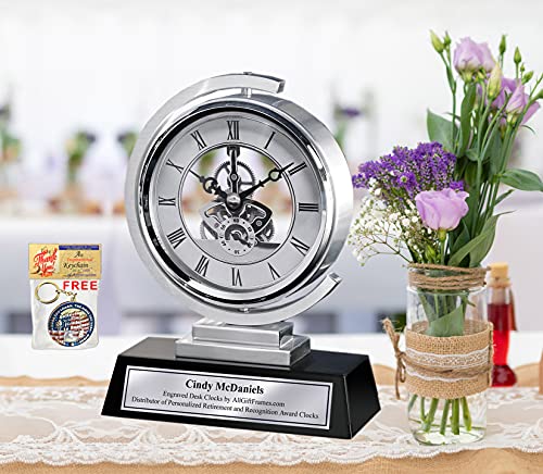 Allgiftframes Gear Da Vinci Metal Silver Desk Clock Which Rotates 360 Degrees With Silver Engraving Plate. Unique Engineering, Anniversary, Retirement And Appreciation Award #TOP1