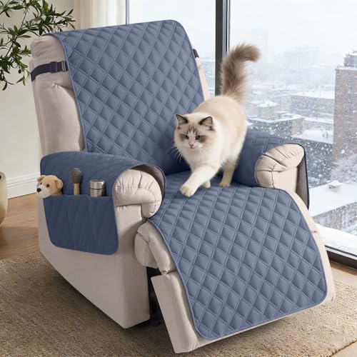 Image of TAOCOCO 1 Seater Recliner Slipcovers, Waterproof Recliner Sofa Protector, Armchair Covers with Pockets, Non Slip Reclining Sofa Covers, Arm Chair Covers for Pets /Dogs /Kids (Bluish Grey)
