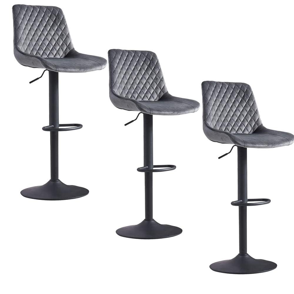 JaHECOME Velvet Grey Bar Stools Set of 3- Modern Swivel Height Adjustable Barstools with Black Metal, Armless Large Padded Cushion Breakfast Counter Chairs for Kitchen Island, Pub, Restaurant, Café