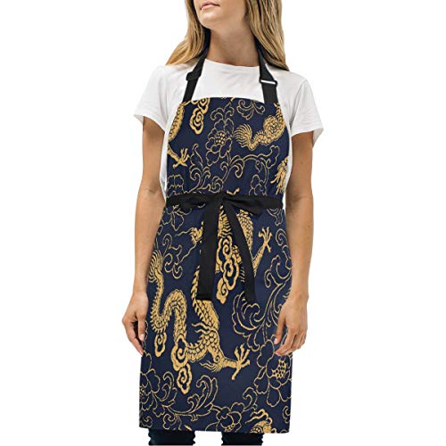 Adult Kitchen Aprons Chinese Style Traditional Chinese Dragon Bib Apron With Pockets For Women Men Adjustable Neck Apron Cooking Baking Or Kitchen Gardening Unisex Apron,Twill,Multi-Pattern #TOP1