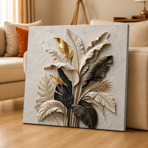 Image of PAINTINGMANTRA Textured Embossed Leaf Floral Canvas Wall Art Painting for wall decoration, Neutral & Gold Tropical Leaf Motifs Flower Stretched Canvas Painting for living room, bedroom, Office, 22x22 Inch