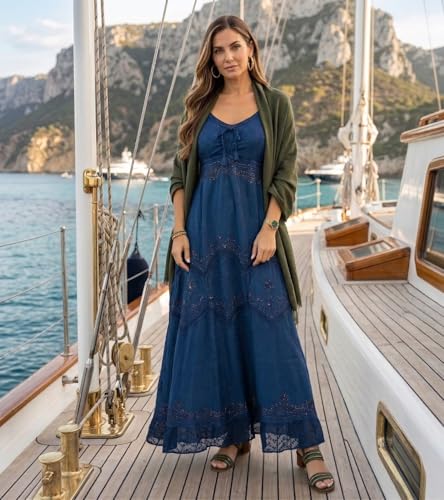 Image of Sakkas Stonewashed Rayon Embroidered Adjustable Spaghetti Straps Long Dress