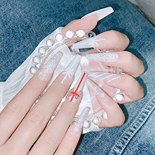 BURIBURI 24Pcs Christmas Press on Nails White Medium Long Coffin Fake Nails Full Cover Acrylic False Nail Tips Snowflake Nail Art for Women (CDJ-P011-6)