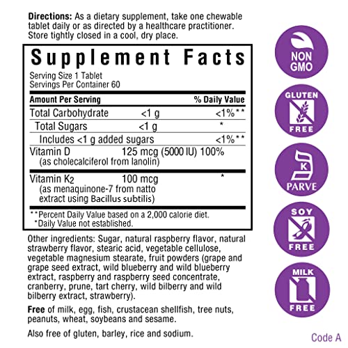 Bluebonnet Nutrition Vitamin D3 & K2 Earthsweet Chewable Tablets, For Immune, Mood & Heart Health*, Soy-Free, Gluten-Free, Non-Gmo, Kosher Dairy, 60 Raspberry Flavor Chewable Tablets, 60 Servings #TOP1
