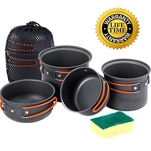 Camping Cookware Mess Kit, Lightweight Aluminum Cookware Cooking Pan Pot Set for Outdoor Backpacking Camping Hiking Picnic (4-Sets)