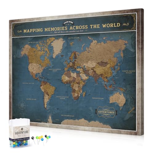 Image of DECORARTS - World Travel Map with Pins, Pin Board Canvas Wall Art, Modern Navy Blue Maps for Wall Decor, Giclee Print on Canvas, Handcrafted in USA, 30x24''