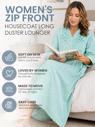 Image of Casual Nights Women's Zip Front Woven House Dress | 3 /4 Sleeves Housecoat Long Duster Lounger
