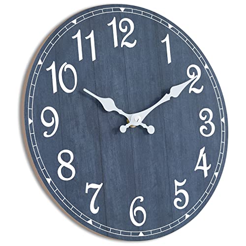 HYLANDA Wall Clock 14 Inch, Navy Wall Clocks Battery Operated Silent Non Ticking, Nautical Round Wooden Blue Clocks Decorative for Bathroom, Kitchen, Living Room, Home, Bedrooms, Office (14)