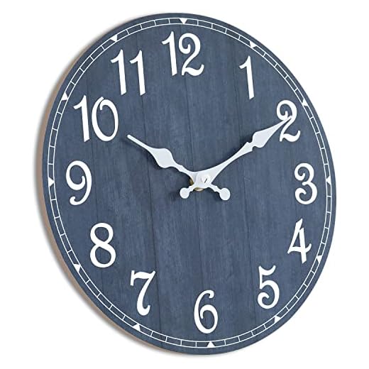 HYLANDA Wall Clock 14 Inch, Navy Wall Clocks Battery Operated Silent Non Ticking, Nautical Round Wooden Blue Clocks Decorative for Bathroom, Kitchen, Living Room, Home, Bedrooms, Office (14")