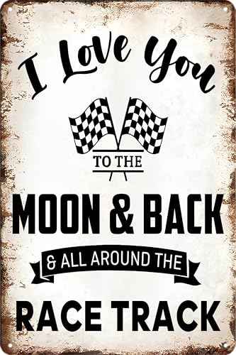 Decorazione per stanza auto da corsa per ragazzi, divertente 'I Love You To The Moon And Back All Around The Race Track', targa in metallo con ruote calde, decorazione per camera da letto, auto da