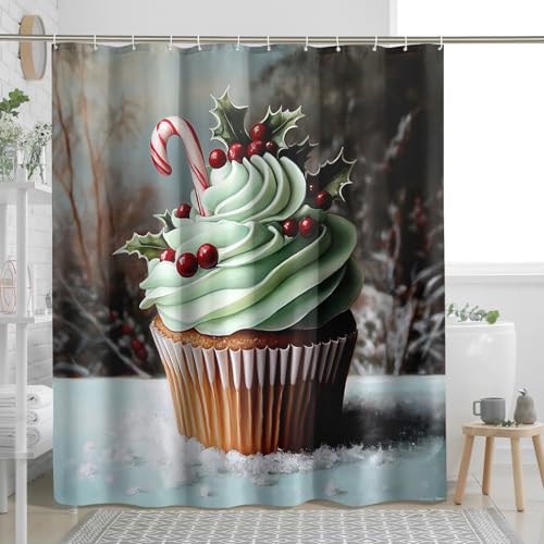 Duschvorhang-Set mit weihnachtlichem Cupcake-Motiv, grünes Frosting, Badezimmer-Dekor für Urlaub, Winter, saisonal, modern, wasserdicht, Stoff, Duschvorhang-Set mit Haken, 183 x 183 cm