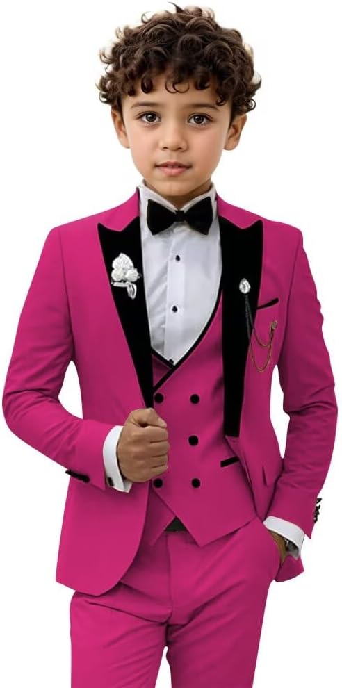 Boy Suit 3 Piece Kids Formal Tuxedo Suits Peak Lapel Wedding Prom Dress Clothes Jacket Vest Pants