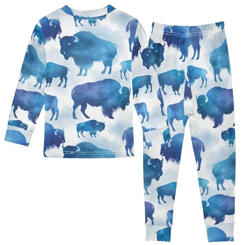 Pajama Sets Long Sleeve Blue Bison Silhouettes on White Soft Comfy Sleepwear 2 Piece PJS 3-8T3