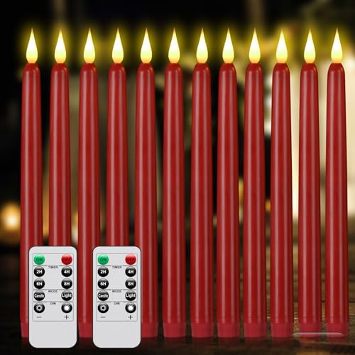 Hanzim Flameless Taper Candles with Remote Control 3/6/9/12/15pack Plastic LED Candle Flickering Battery Operated 9.2Classic Tall Candle for Wedding Party Christmas Home Decor (12PACK Red)